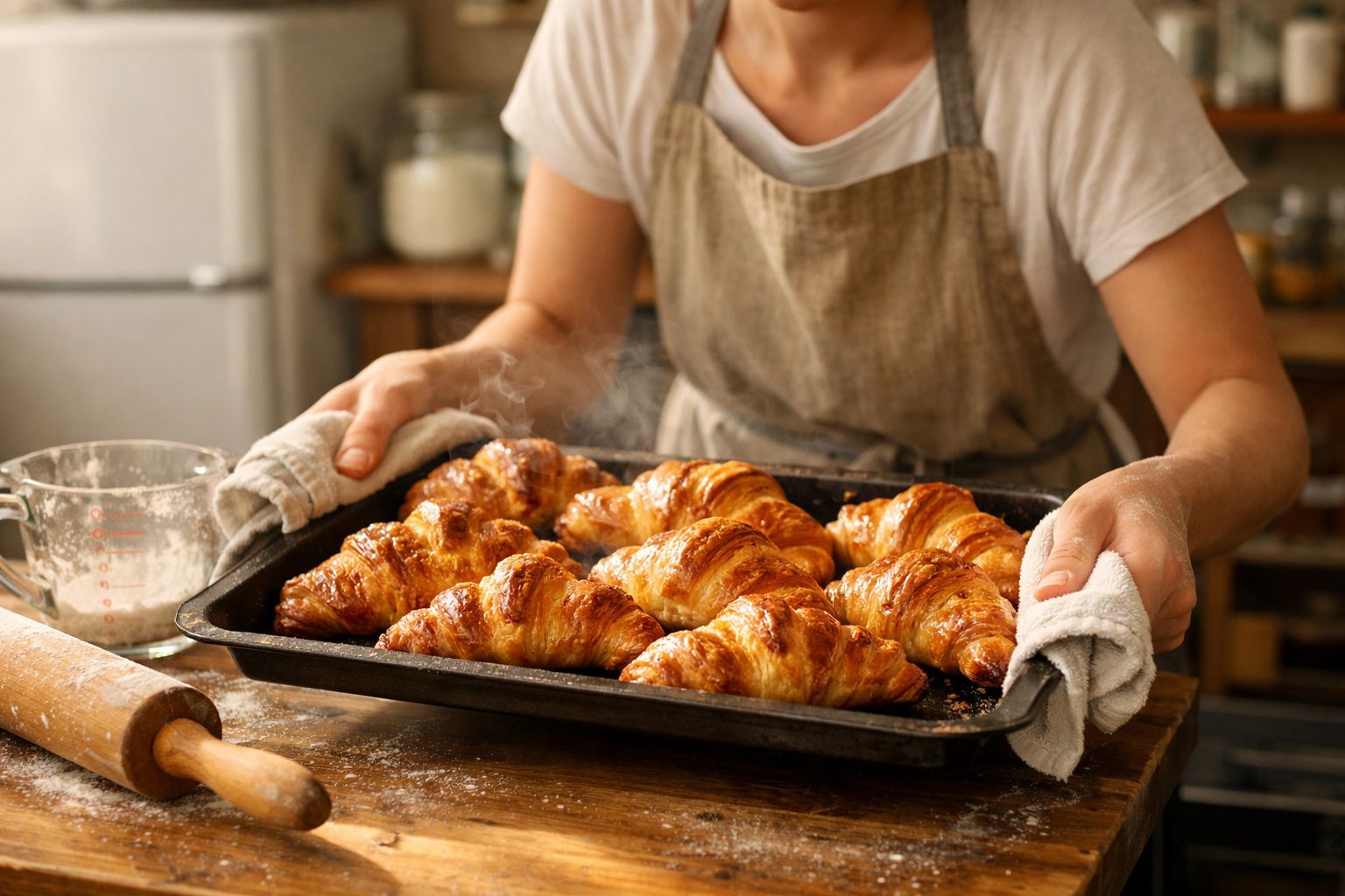 Pessoa a segurar tabuleiro com croissants acabados de sair do forno numa cozinha acolhedora.