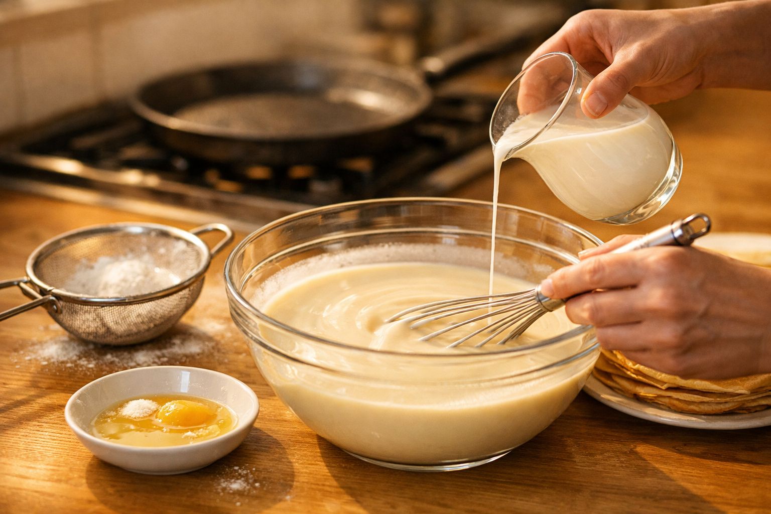 Pessoa a verter leite numa taça com mistura e a mexer com um batedor de arame numa cozinha.