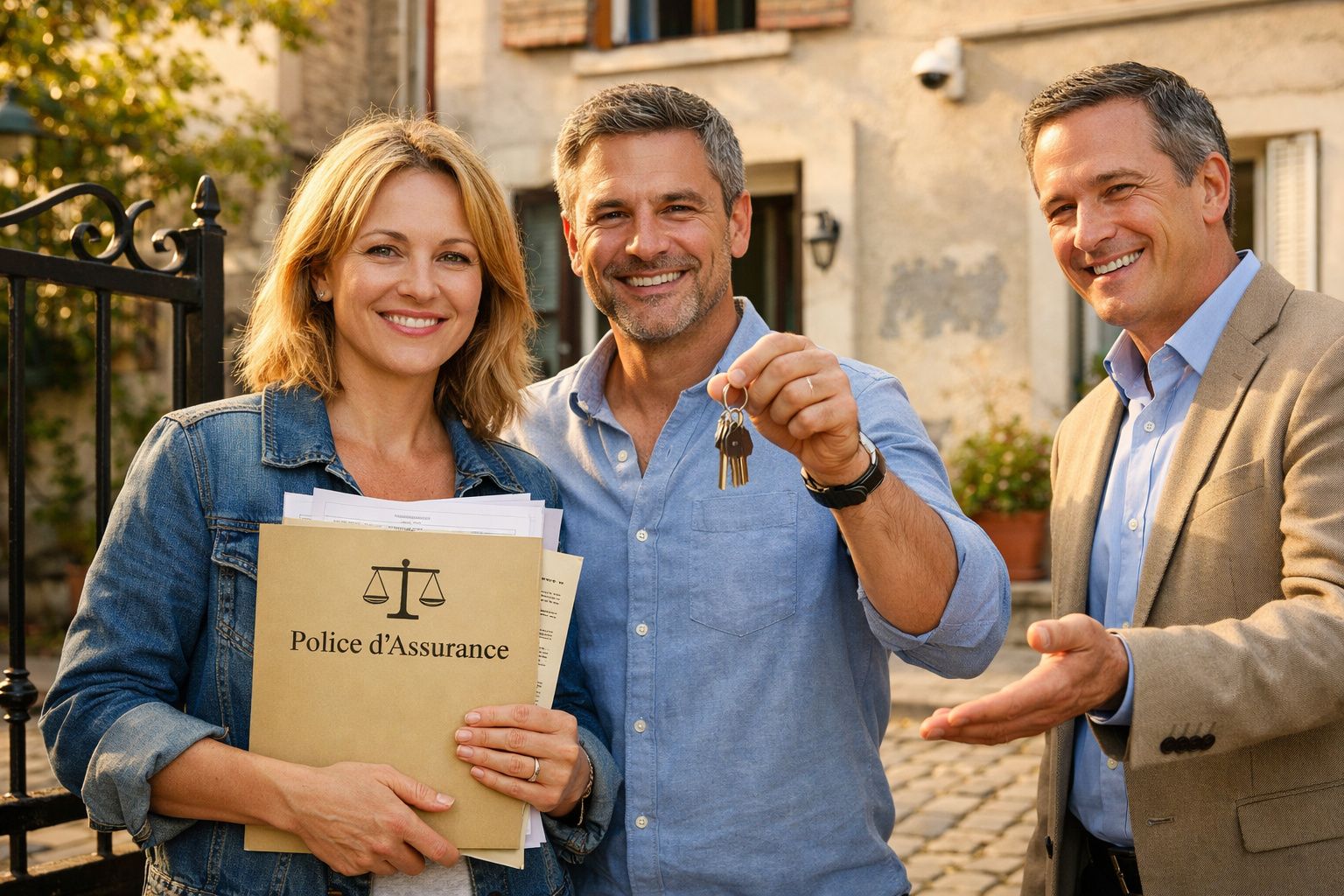 Casal feliz com chaves e documento de seguro, acompanhado por agente imobiliário em ambiente externo.