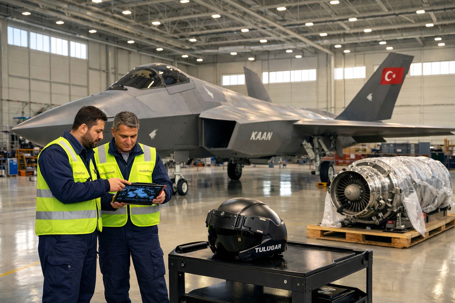 Dois técnicos em coletes amarelos analisam tablet junto a avião de caça KAAN e motor em hangar.