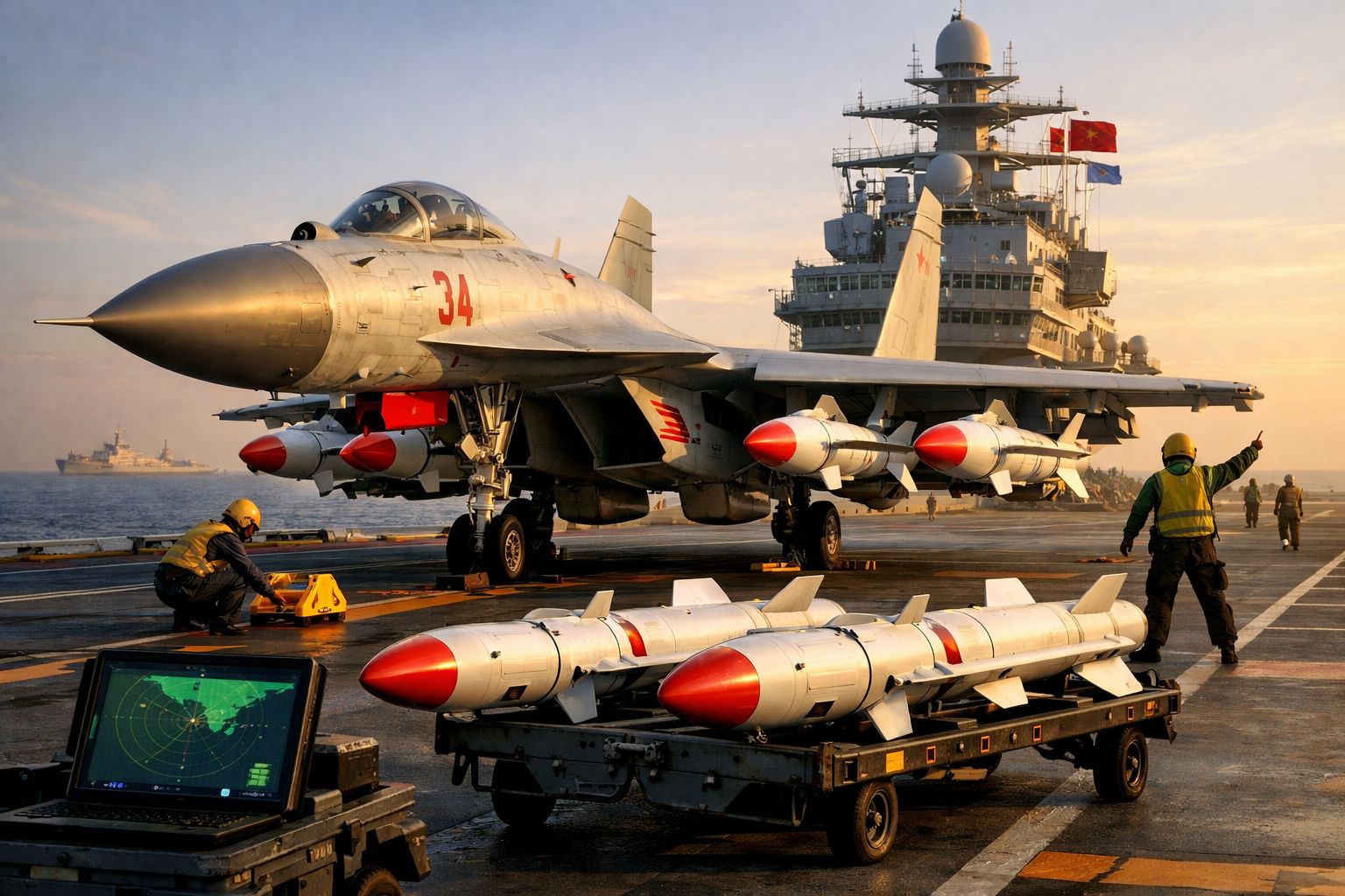 Caça Su-27 preparado para descolagem em porta-aviões com mísseis e operadores de voo no convés ao pôr do sol.