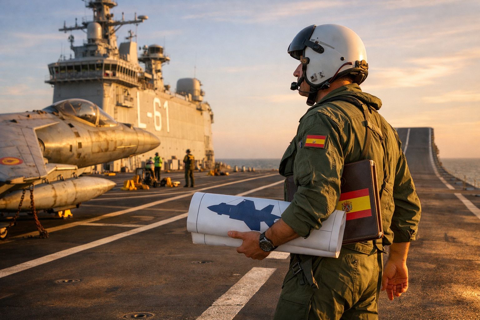 Militar na pista de um porta-aviões com plantas de avião, veste uniforme com bandeira de Espanha.