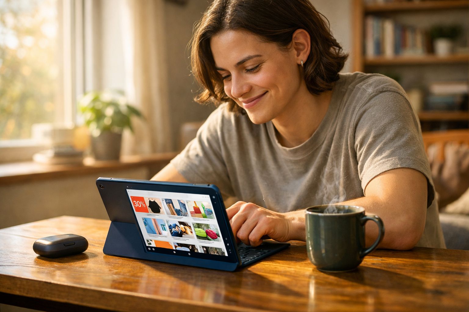 Mulher sorridente a usar tablet com teclado sentado à mesa com chá quente numa caneca.