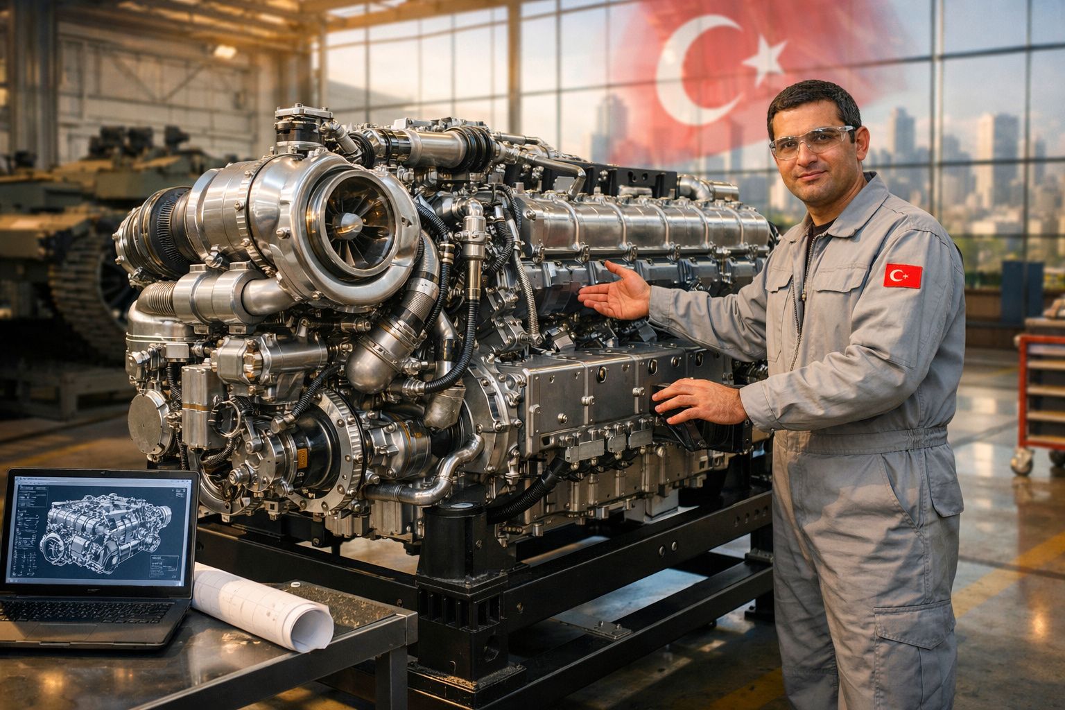 Engenheiro turco com fato de macaco ao lado de grande motor industrial num ambiente de fabrico.