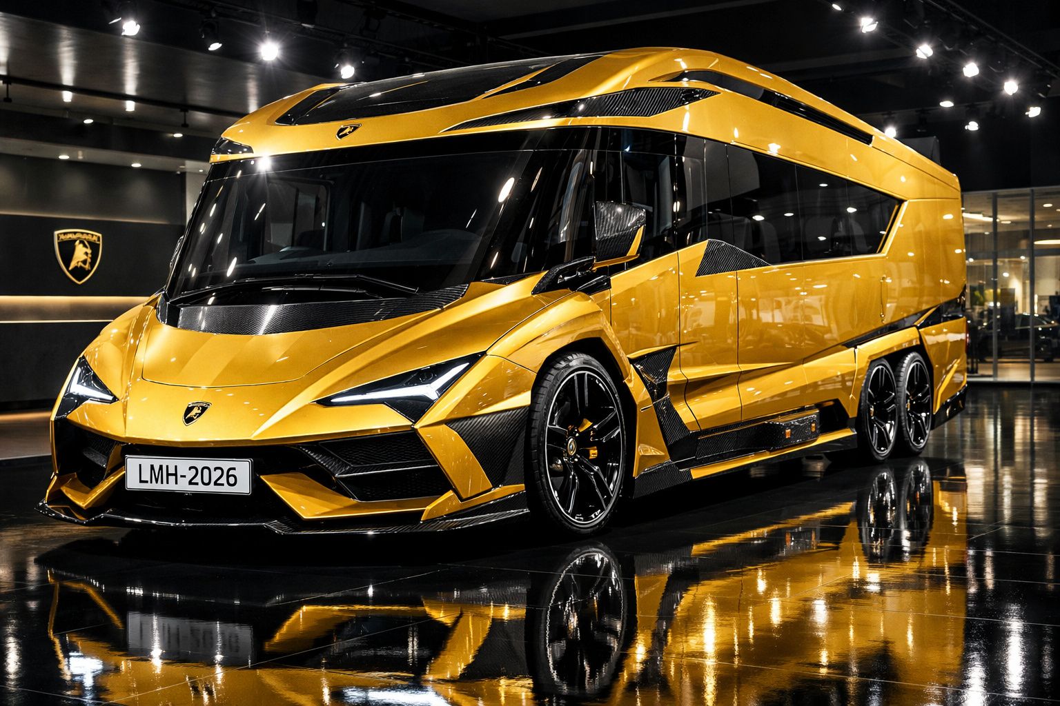 Camper Lamborghini amarelo metálico com design futurista e linhas aerodinâmicas em ambiente interior iluminado.
