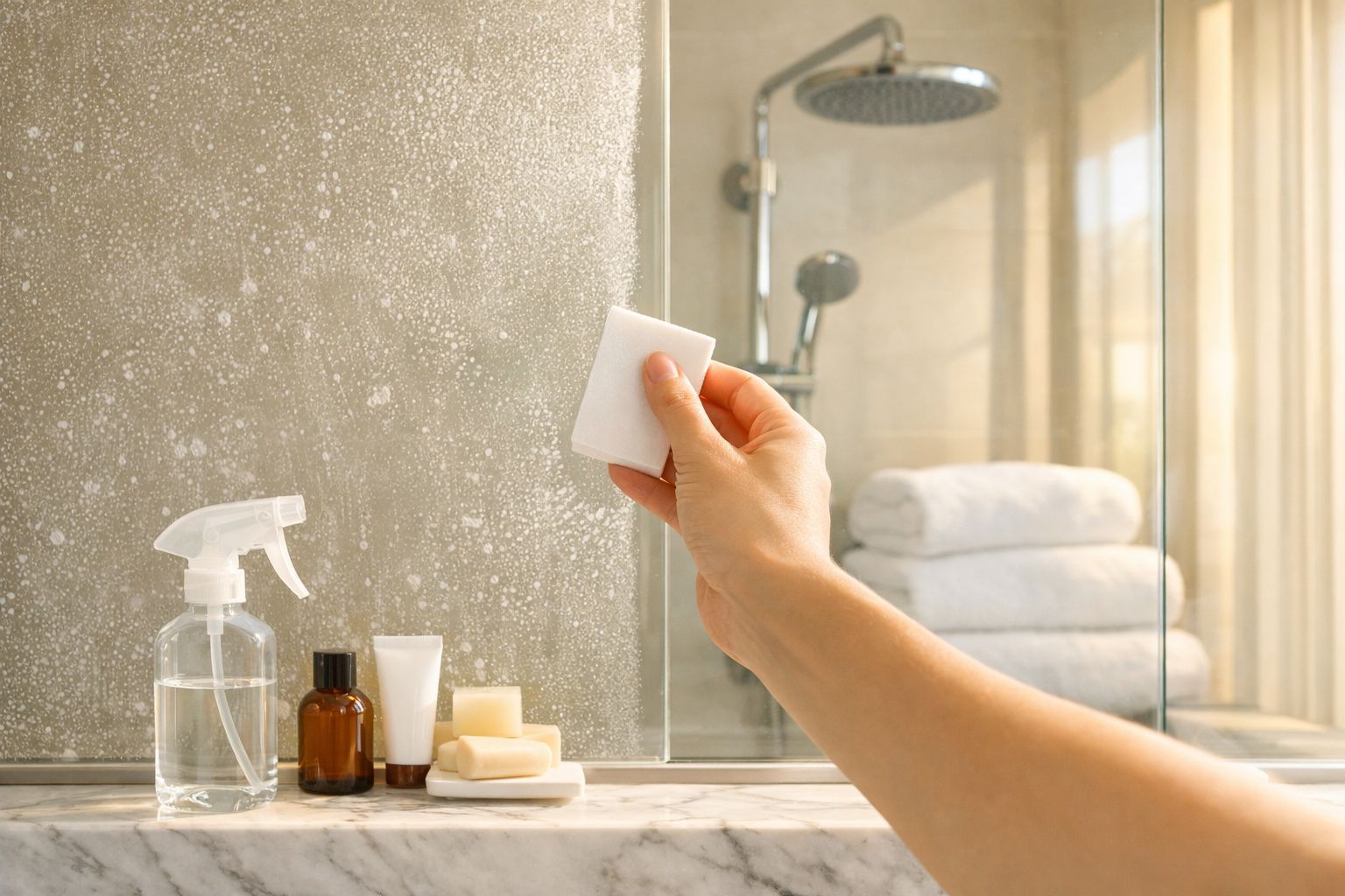 Mão feminina a limpar espelho do banheiro com esponja branca e produtos de higiene ao lado.