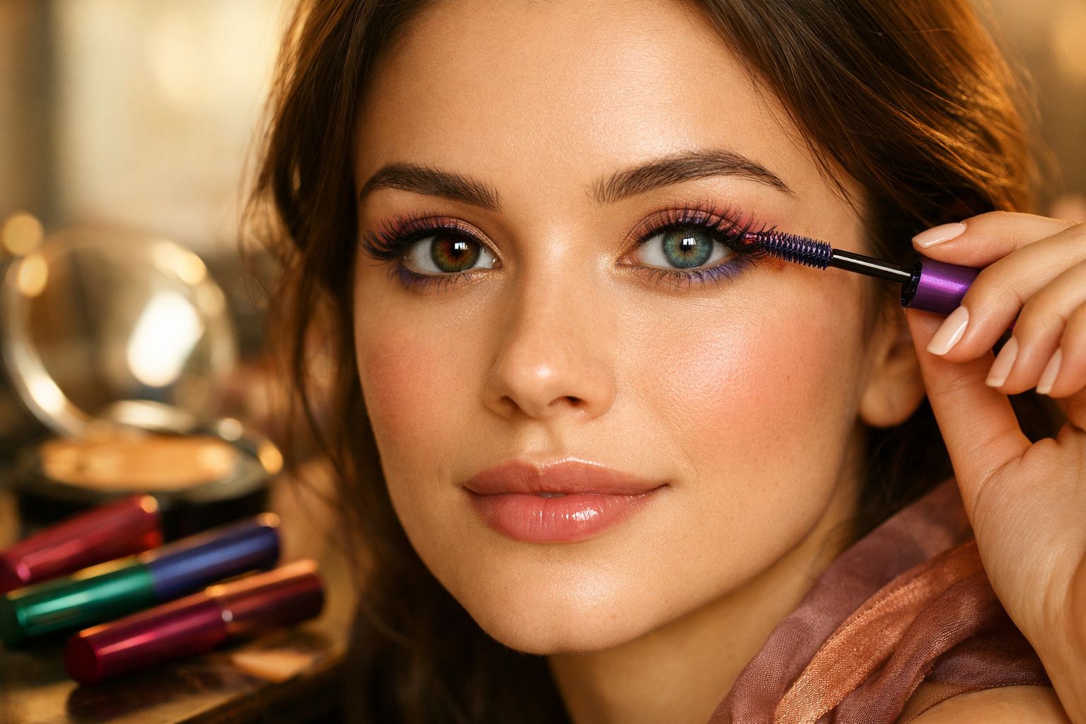 Mulher a aplicar máscara de pestanas roxa com olhos de cores diferentes em fundo desfocado com maquilhagem.