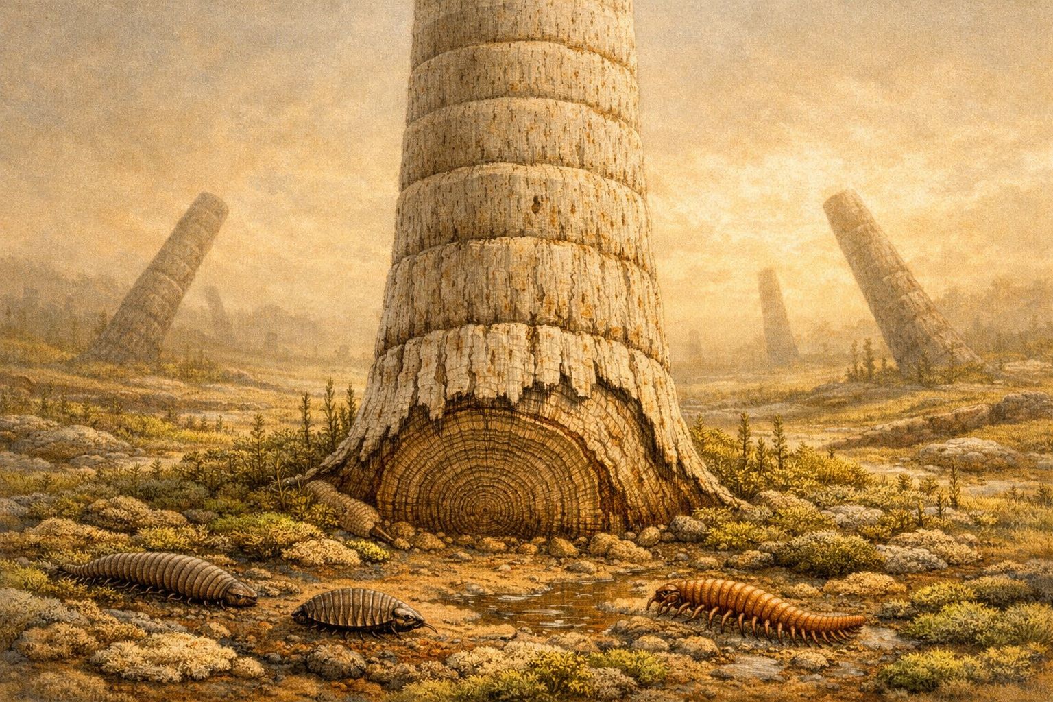 Paisagem pré-histórica com árvores fósseis caídas e insetos gigantes a rastejar no solo árido e coberto de pequenas plantas.