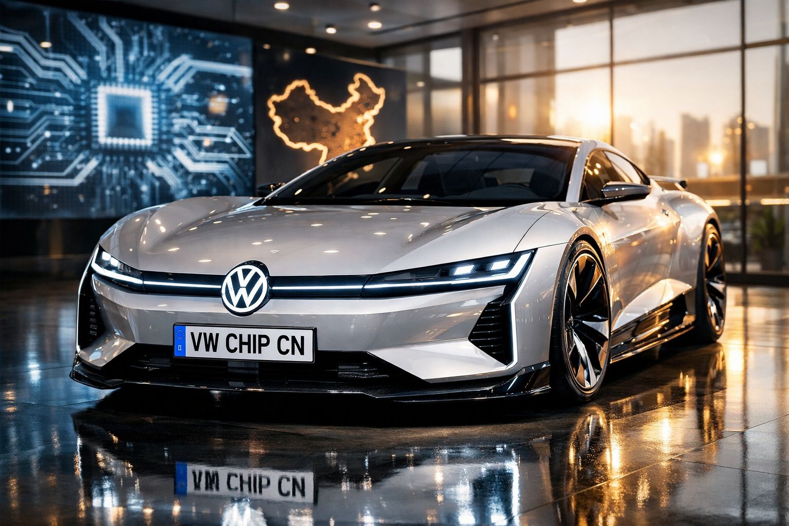 Carro elétrico Volkswagen prata com luzes LED, estacionado em interior moderno e refletindo no chão molhado.