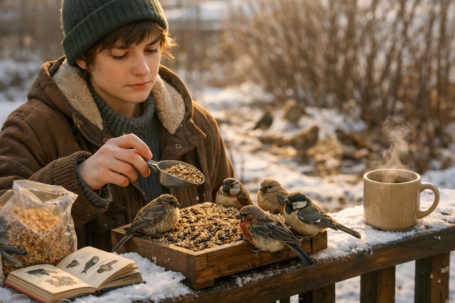 Pessoa jovem a alimentar pássaros com sementes num comedouro de madeira ao ar livre no inverno, com chá quente ao lado.