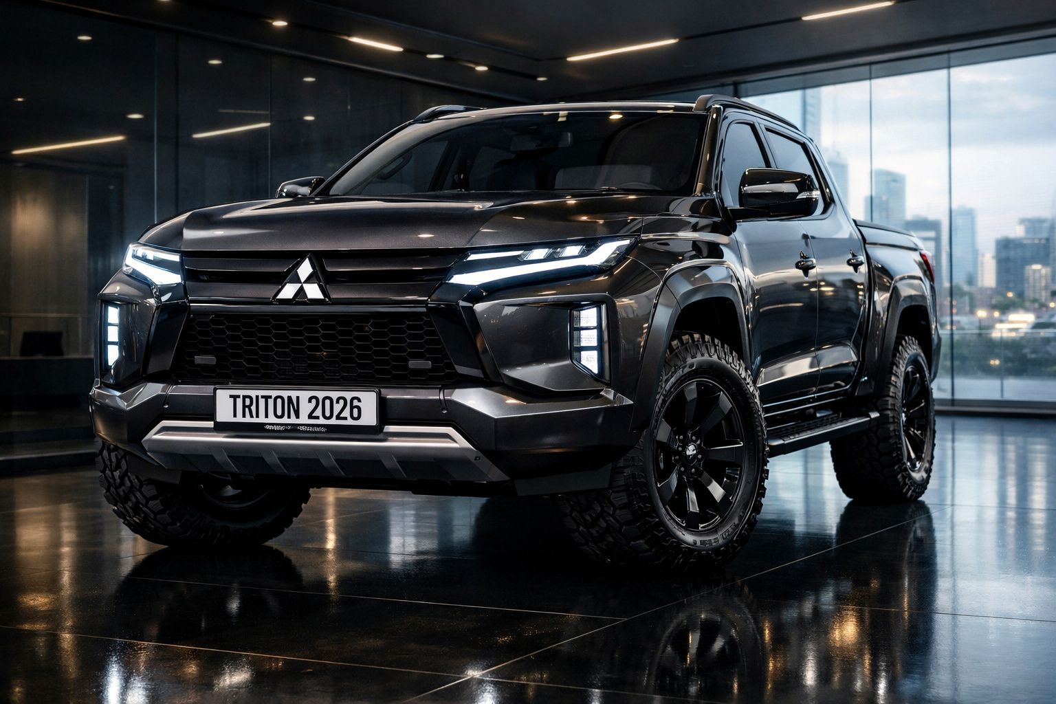 Picape preta Mitsubishi Triton 2026 exibida em showroom moderno com janelas panorâmicas e piso refletor.