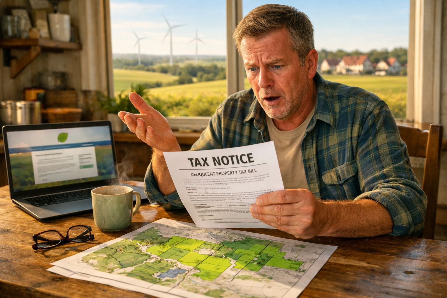 Homem preocupado a ler aviso de imposto junto a mapa, computador, e caneca numa mesa perto de janela com turbinas eólicas.