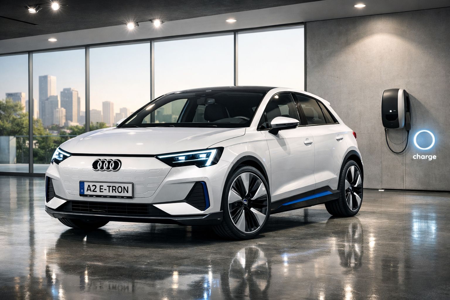 Automóvel elétrico Audi branco estacionado numa garagem moderna com carregador na parede.