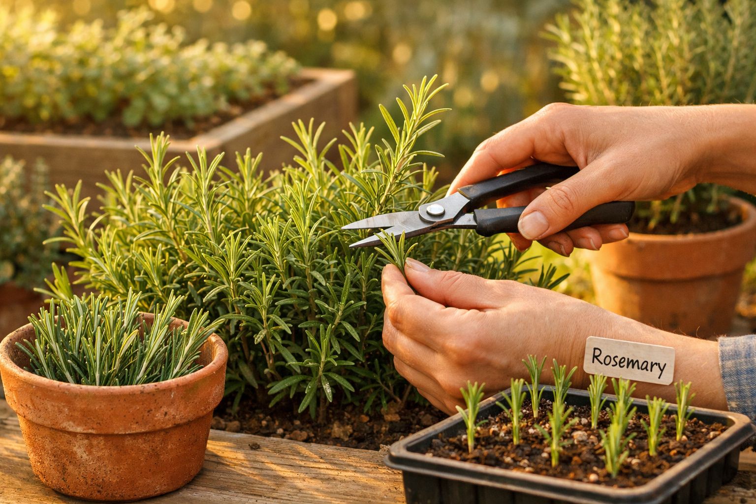 Pessoa a cortar raminhos de alecrim numa horta com vasos de barro e vegetação ao fundo.