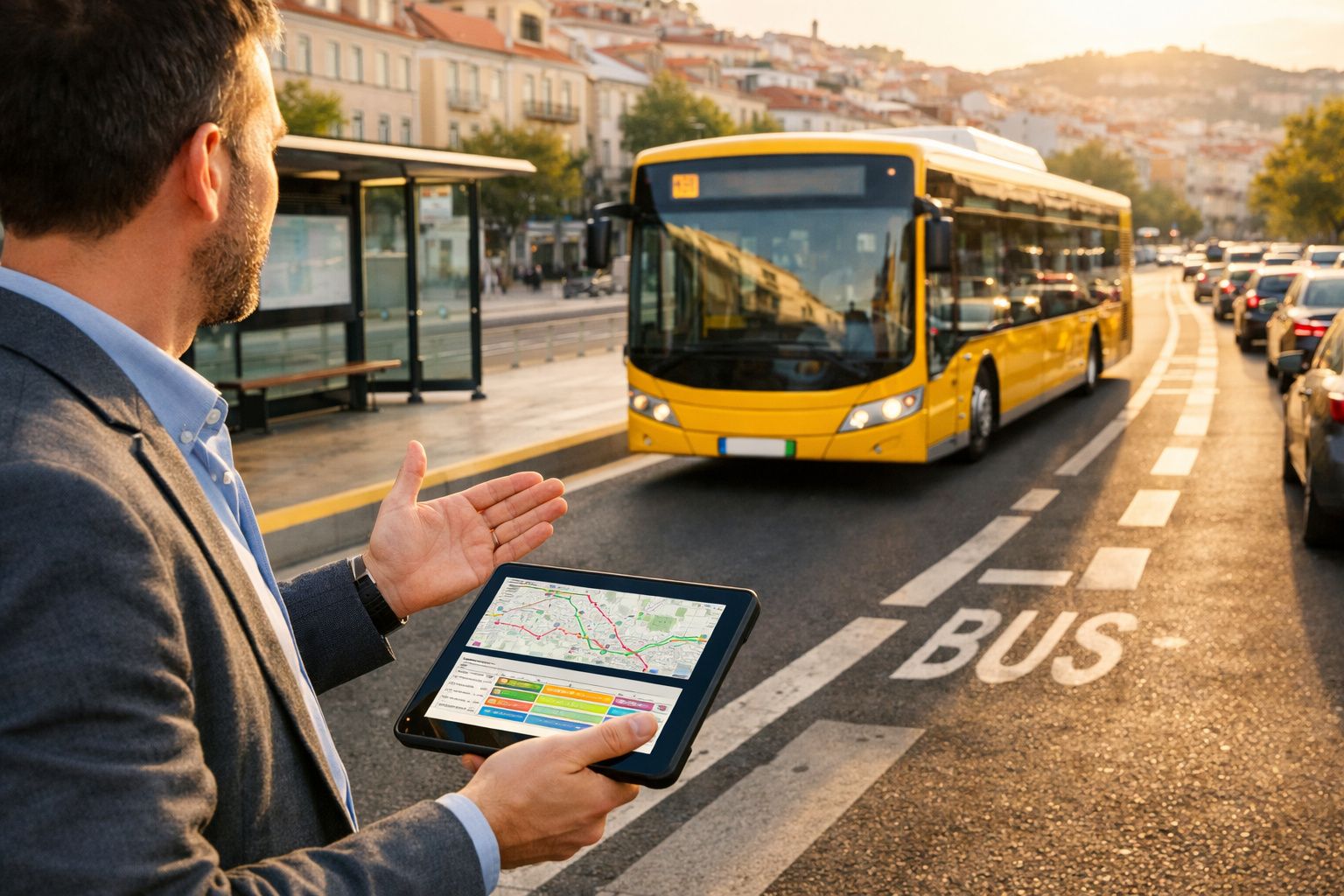 Homem com tablet consulta mapa de autocarros enquanto espera num ponto para um autocarro amarelo chegar.