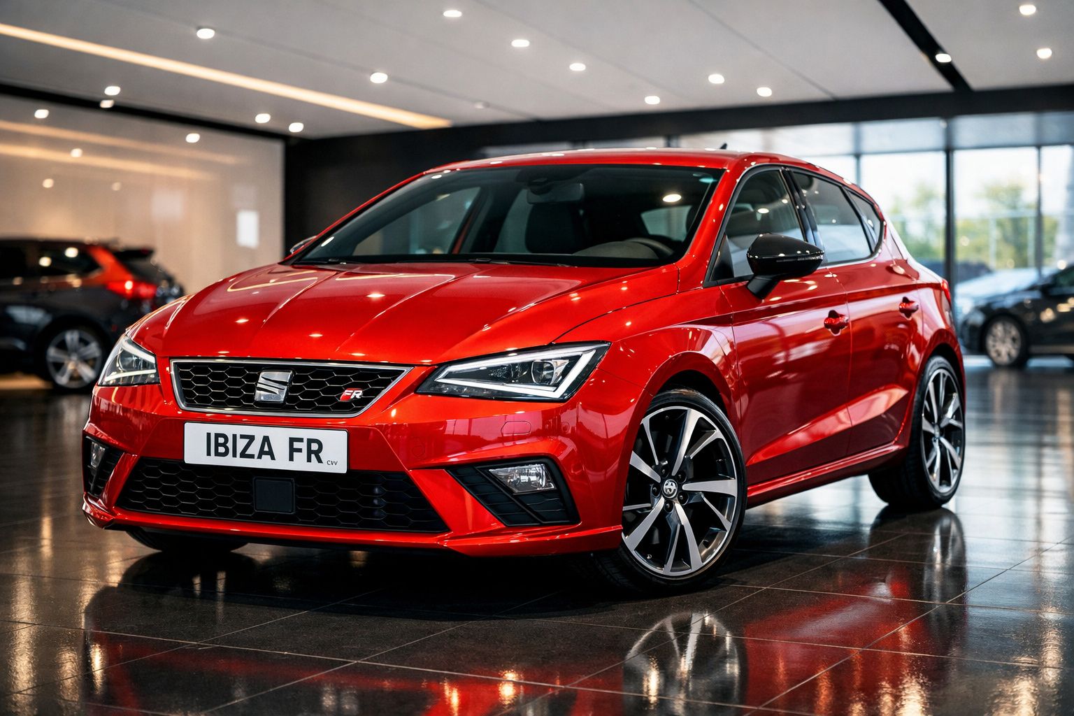 Carro vermelho Seat Ibiza FR exposto num salão automóvel com piso brilhante.