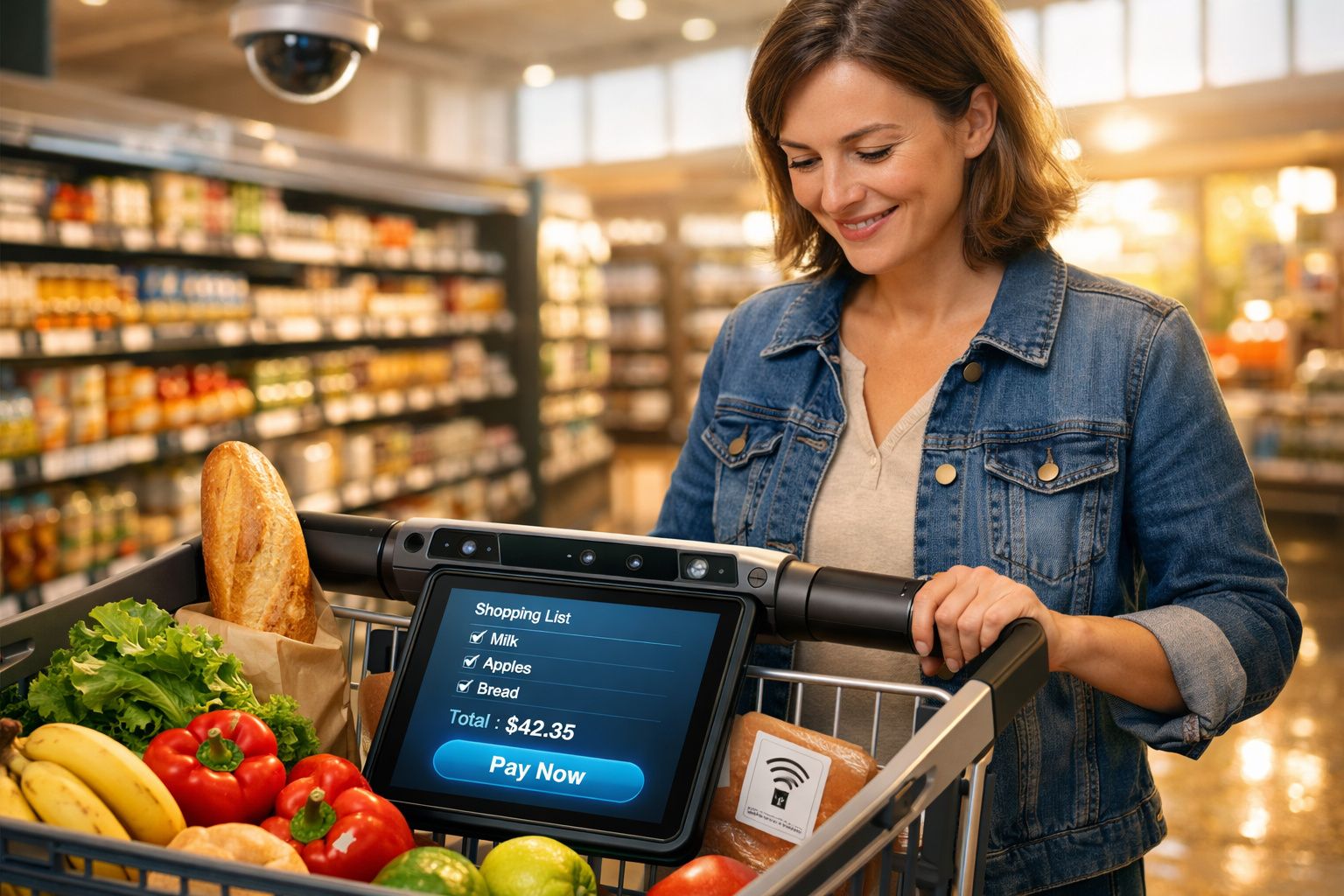 Mulher feliz a fazer compras num supermercado com carrinho inteligente e ecrã digital de pagamento.