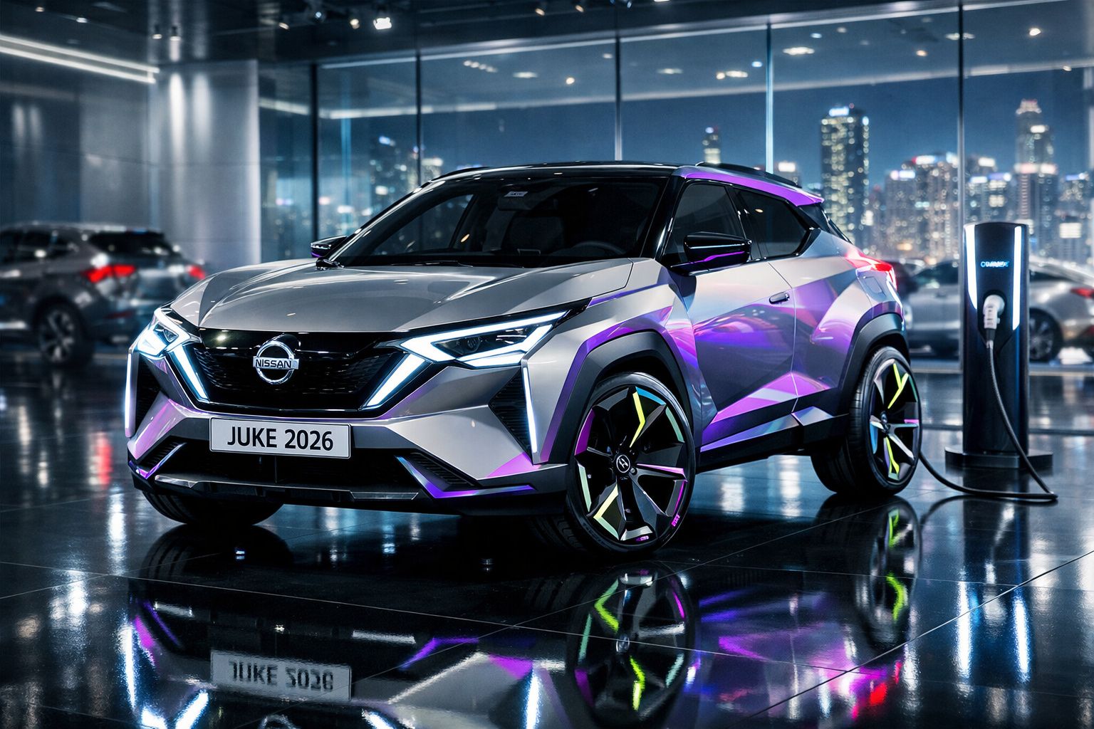 Carro elétrico Nissan Juke 2026 cinzento com luzes LED e detalhes roxos, estacionado junto a posto de carregamento.