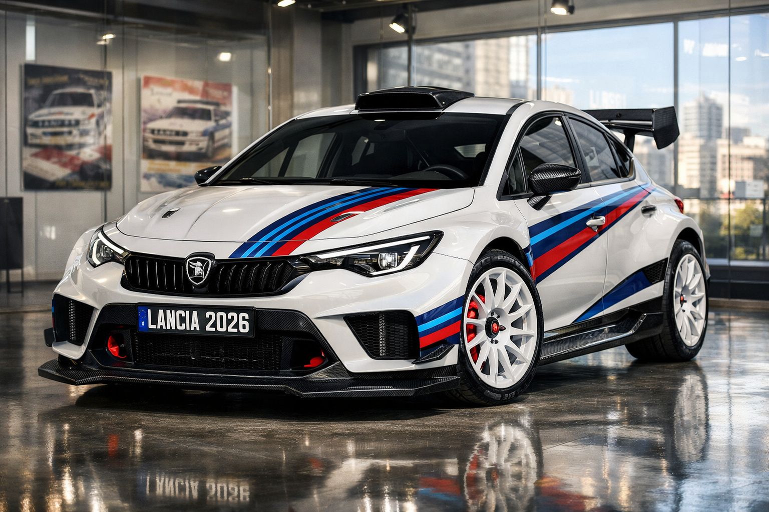 Automóvel desportivo Lancia branco com riscas azuis e vermelhas, equipado com asa traseira e jantes brancas.