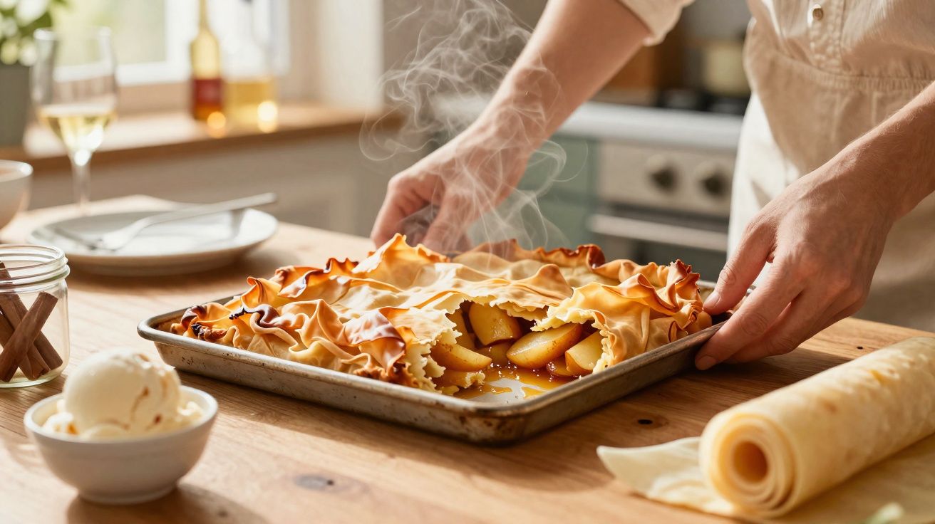 Maõs a retirar do forno uma tarte quente com maçãs caramelizadas e massa folhada dourada, na cozinha.