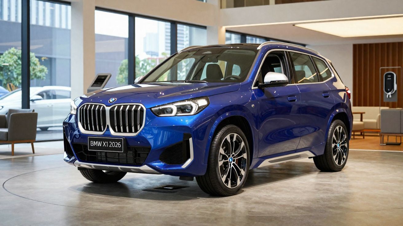 Carro BMW X1 2026 azul exposto em concessionária moderna com grandes janelas e área de espera.