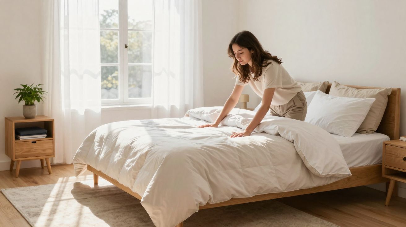 Mulher a arrumar a cama branca num quarto iluminado com móvel de madeira e planta junto à janela.