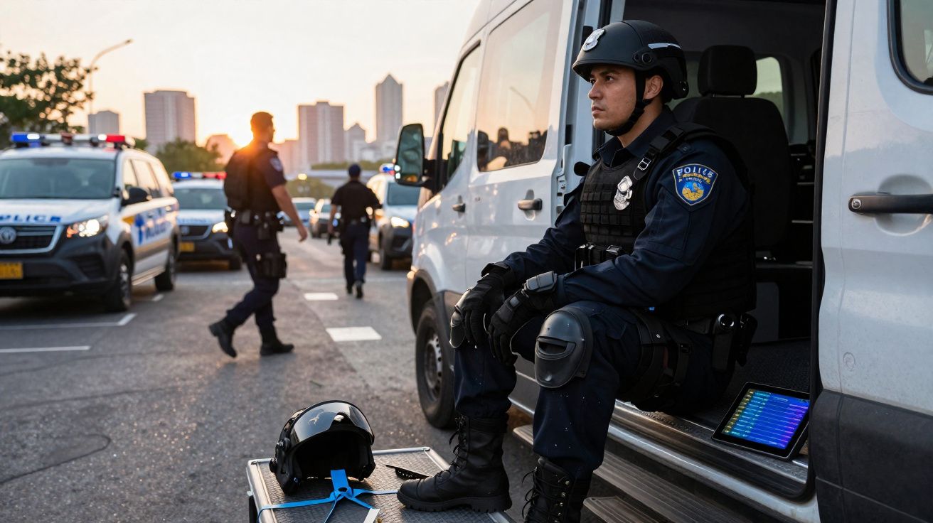 Polícia sentado na porta de uma viatura branca durante operação ao pôr do sol com outros agentes e carros policiais visíveis.