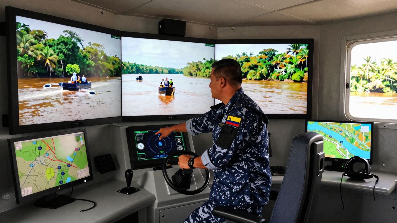 Homem em uniforme controla barco com múltiplos ecrãs mostrando imagens de rio e mapas numa cabine moderna.