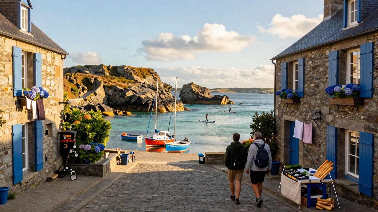Rua de pedra entre casas de pedra com janelas azuis junto ao mar com barcos e pessoas a remar de paddle surf.