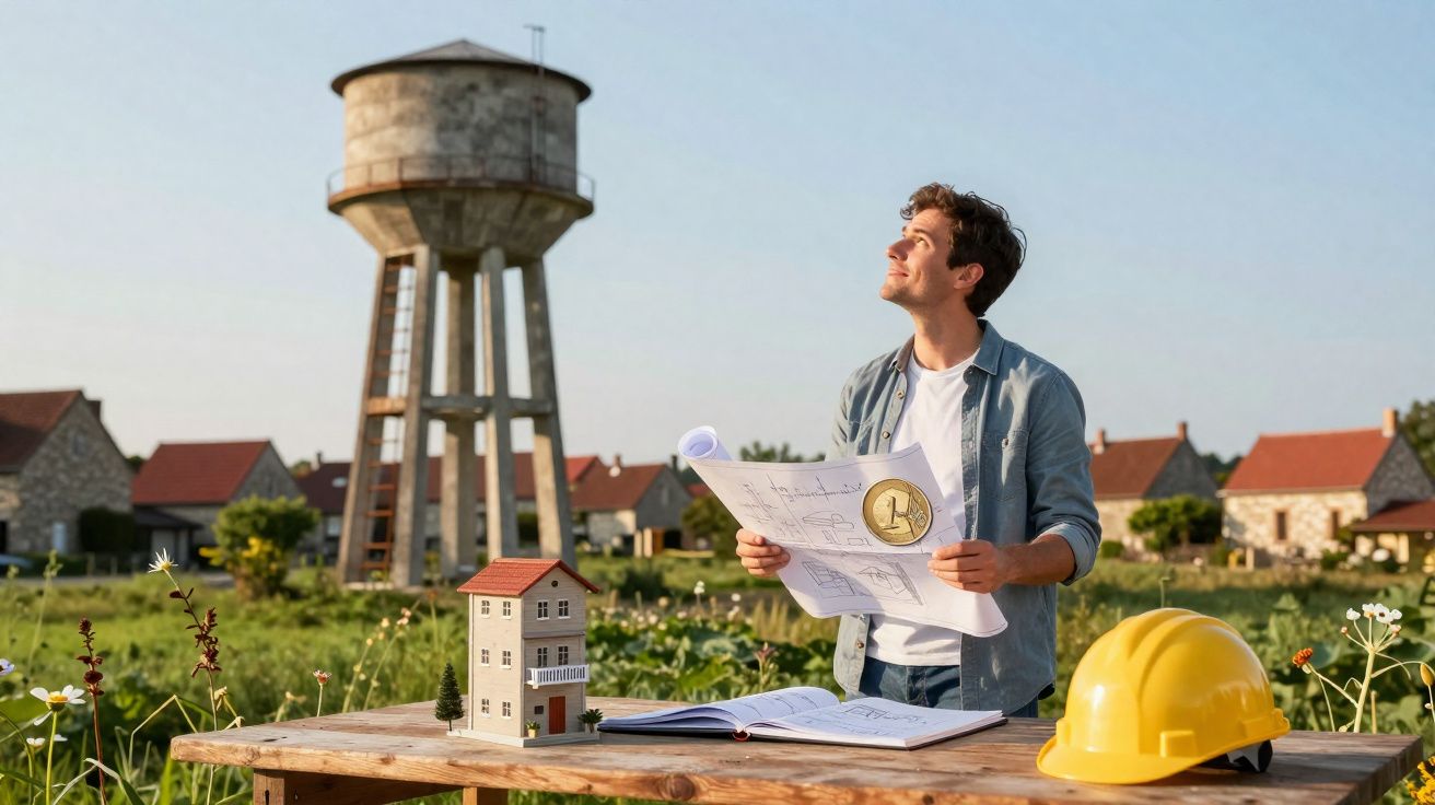 Homem com plantas na mão observa torre de água, com miniatura de casa e capacete amarelo numa mesa exterior.