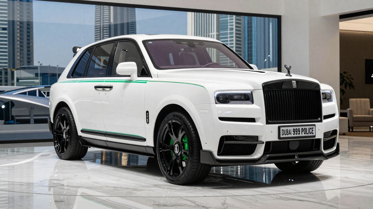 Carro de polícia branco Rolls-Royce Cullinan com letras "Dubai 999 Police" numa garagem moderna.