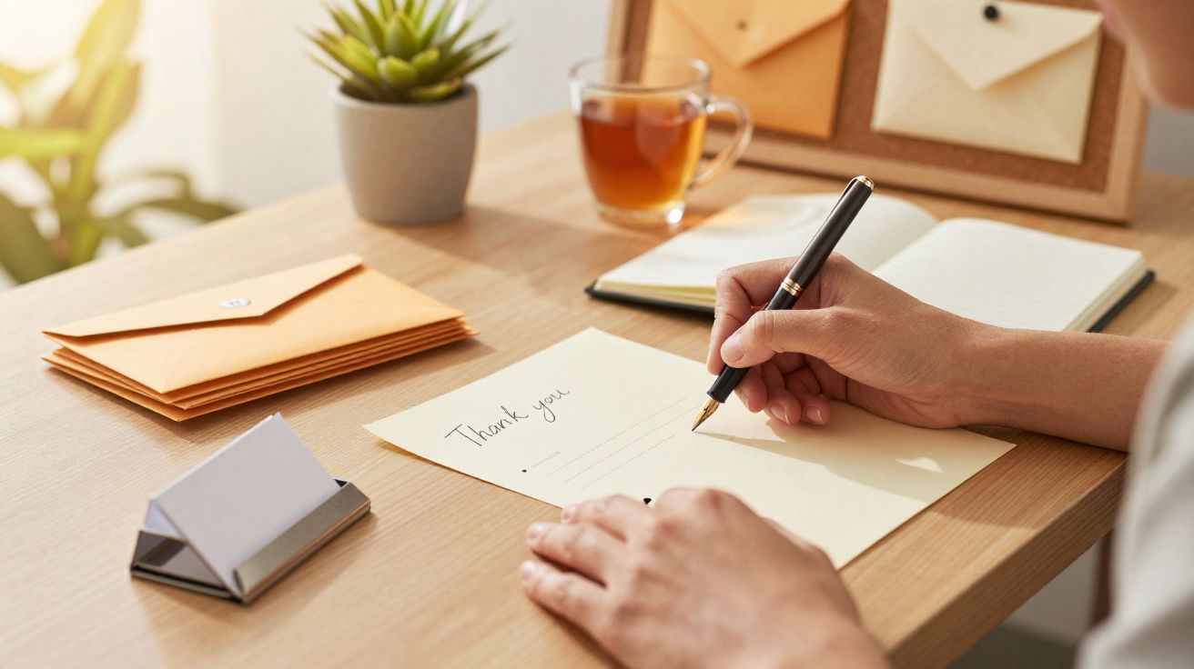 Pessoa a escrever uma carta de agradecimento numa secretária com envelopes e chá ao fundo.
