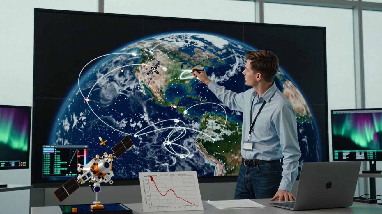 Homem aponta em mapa digital da Terra com trajetórias de satélites durante apresentação científica.