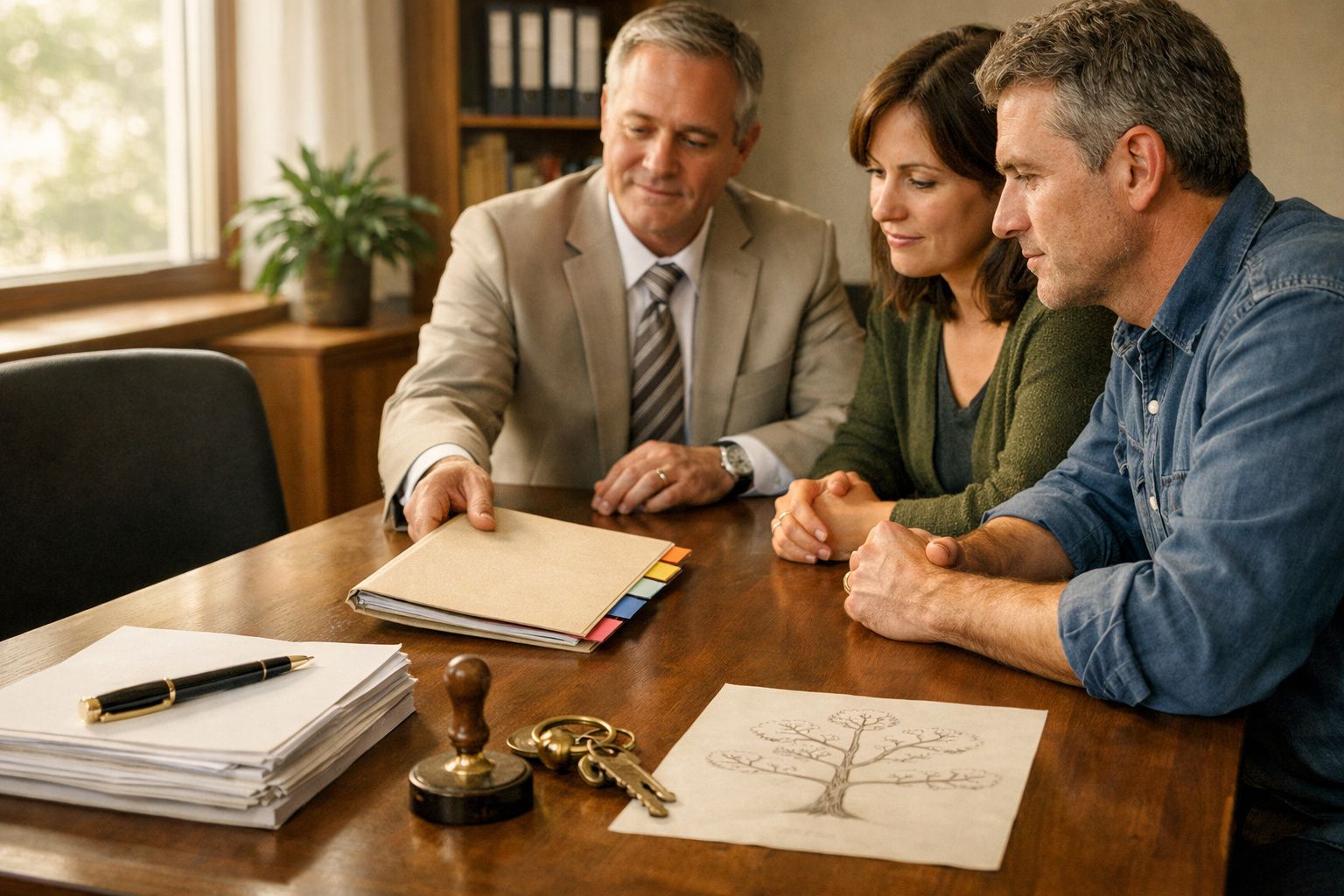 Casal reunido com consultor em escritório, analisando documentos sobre mesa de madeira.