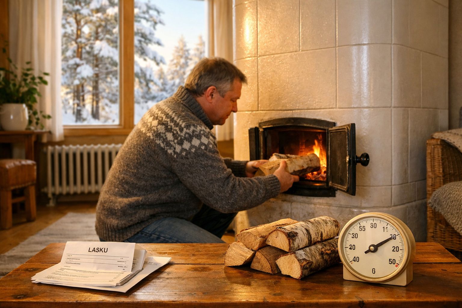 Homem a colocar lenha numa lareira acesa numa sala acolhedora durante o inverno.