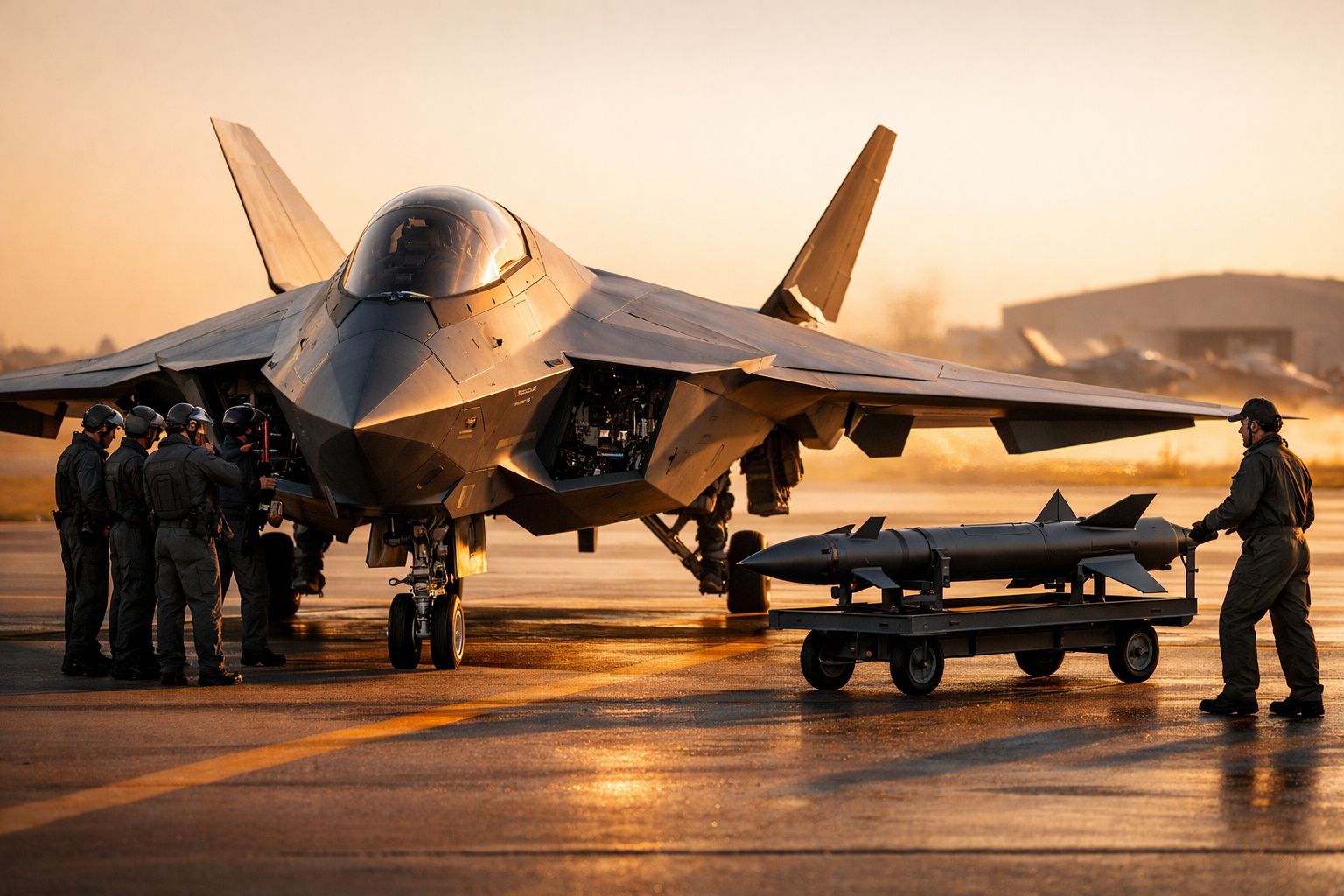 Caça furtivo militar estacionado ao pôr do sol com equipa de manutenção e equipamento ao lado.