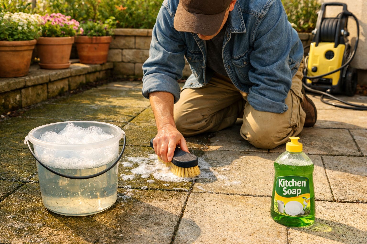 Pessoa a limpar chão exterior com escova, balde de água e detergente verde Kitchen Soap.