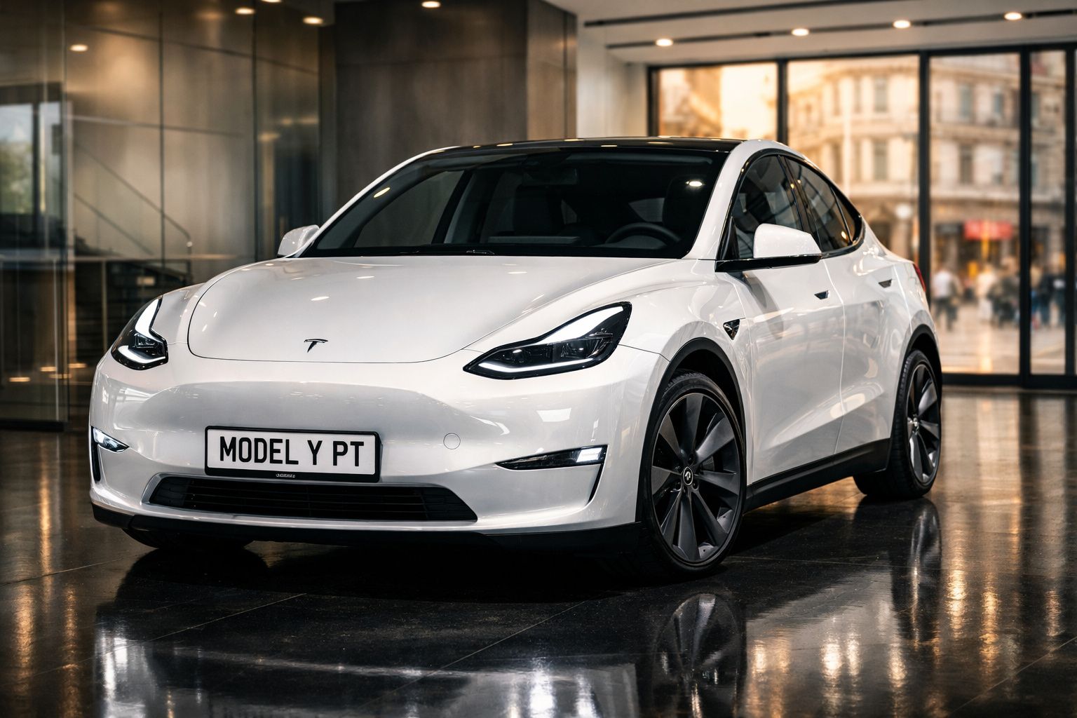 Carro elétrico Tesla Model Y branco estacionado num interior moderno com chão brilhante.