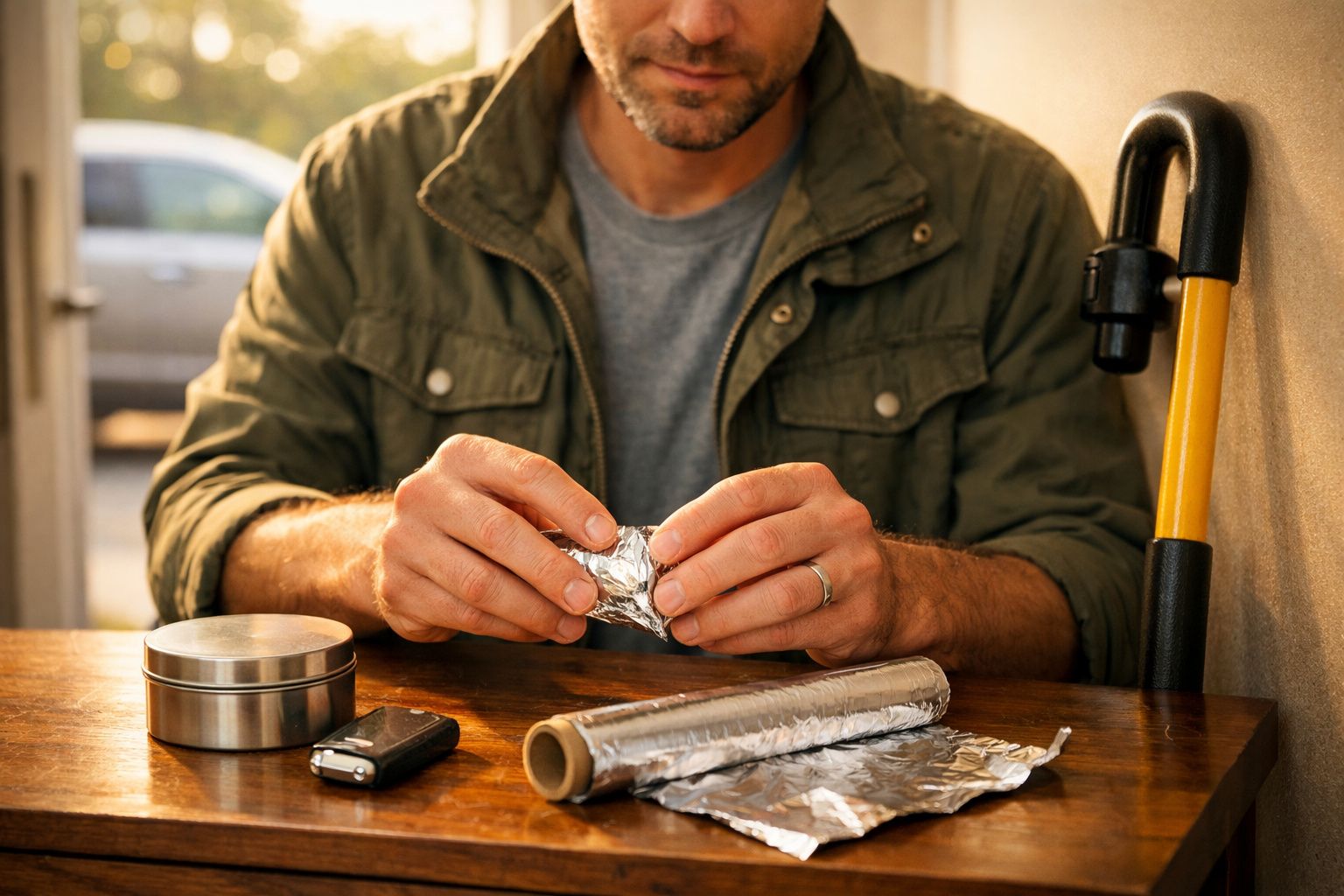 Homem a preparar papel de alumínio numa mesa com objetos metálicos e uma bengala encostada à parede.