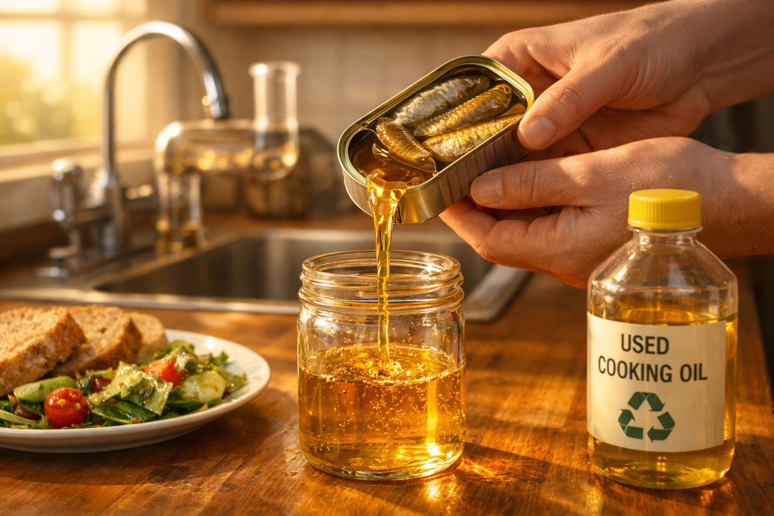 Pessoa a despejar óleo de sardinhas enlatadas num frasco ao lado de garrafa de óleo de cozinha usado e prato de salada.