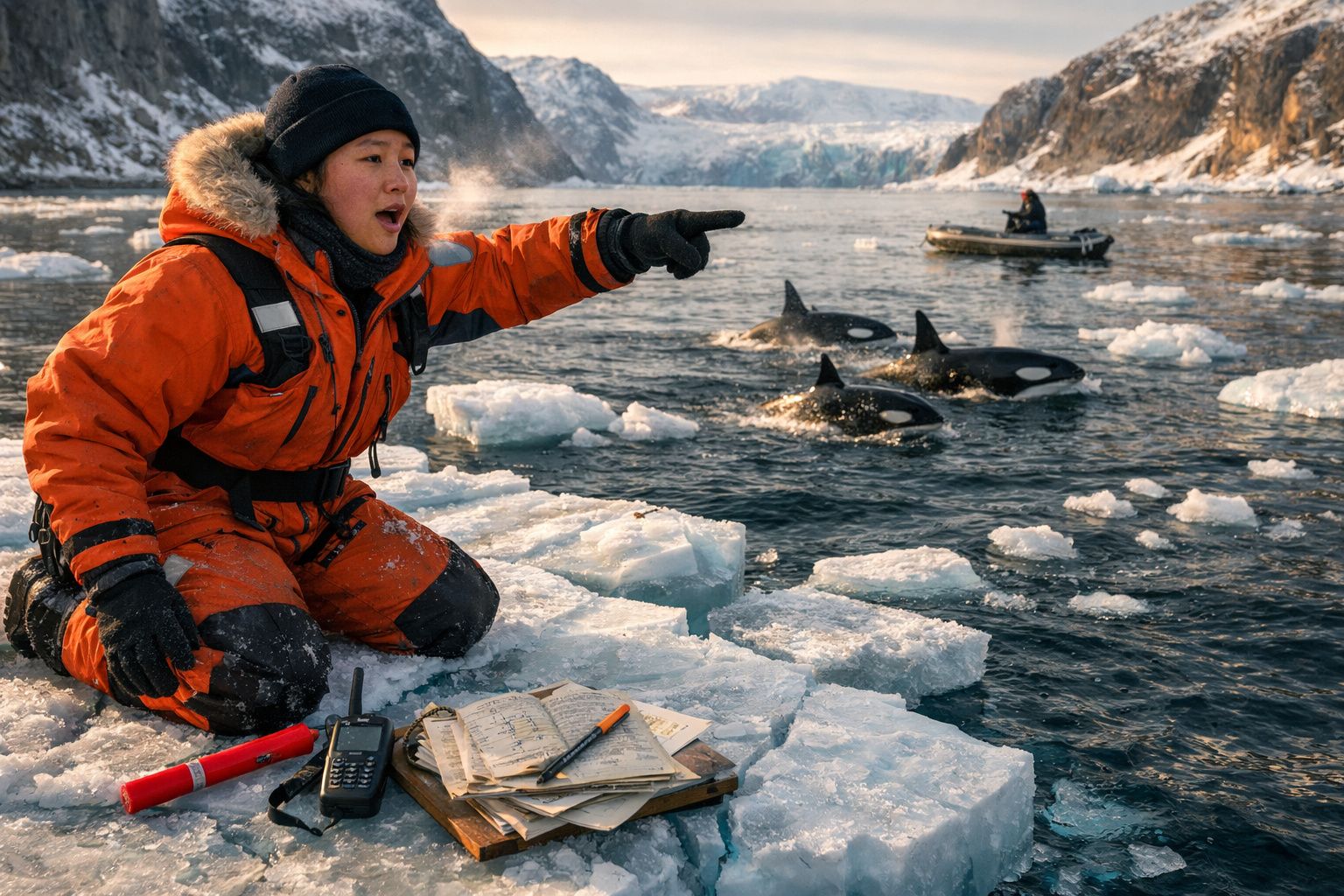 Pessoa em fato de proteção laranja aponta para orcas no mar gelado cercado por blocos de gelo e montanhas ao fundo.