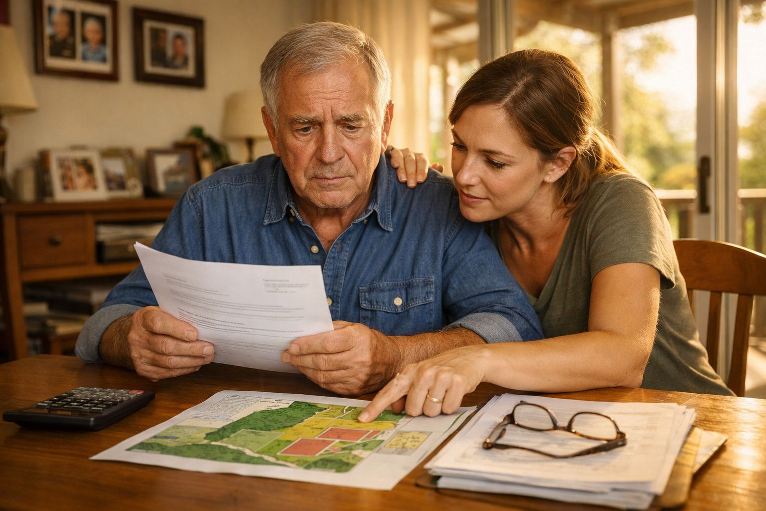 Homem idoso e mulher jovem analisam planta de terreno e documentos sentados à mesa de casa.
