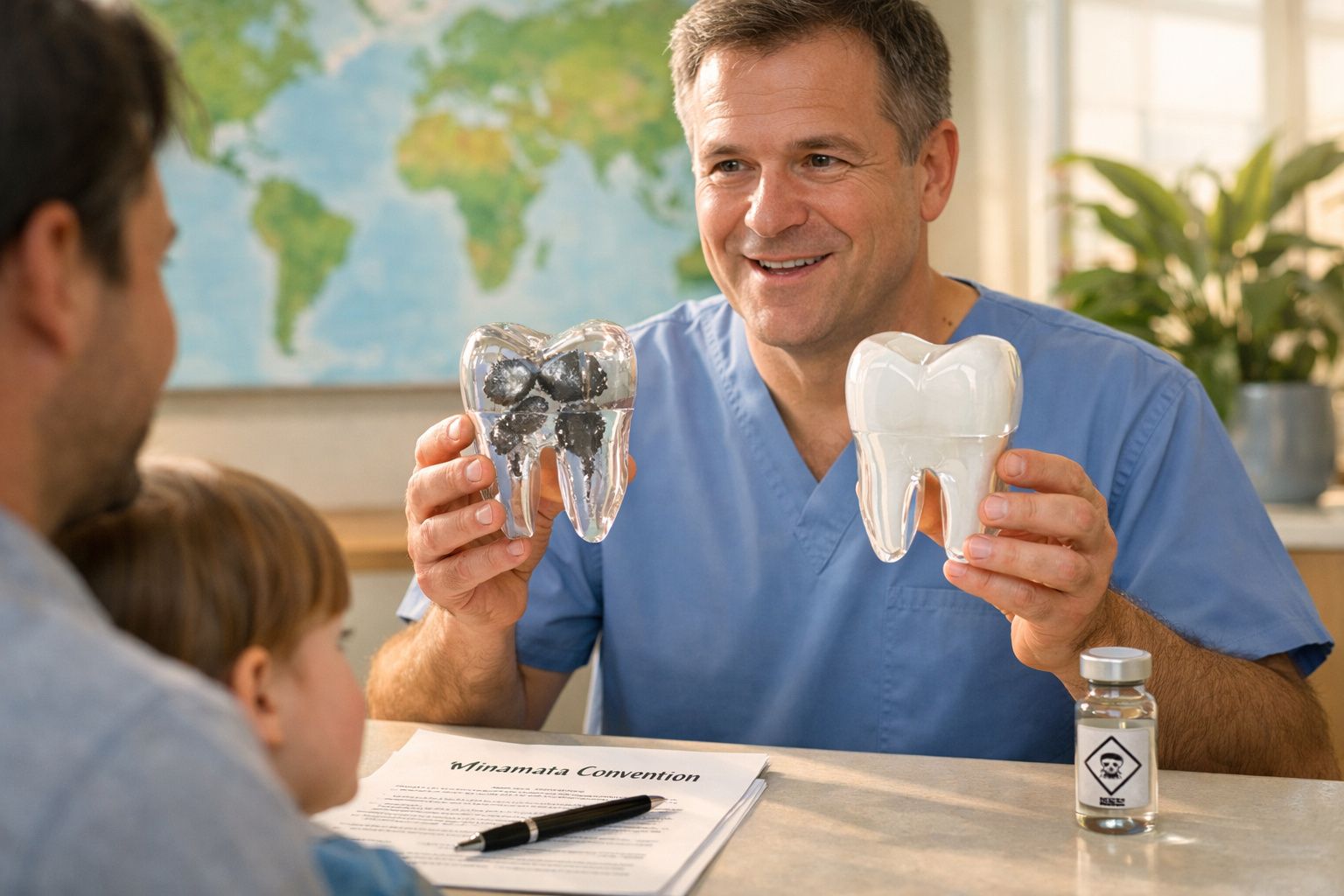 Dentista em bata azul explica a um pai e filho diferença entre dente saudável e dente com cárie.