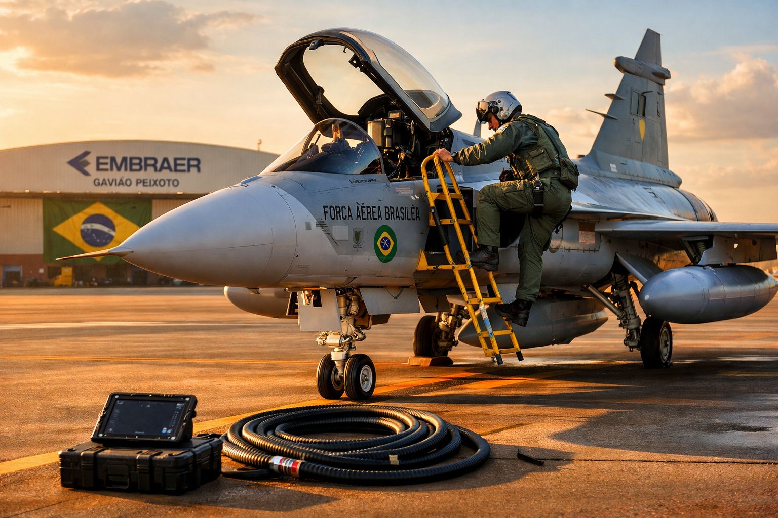 Piloto militar a entrar num caça da Força Aérea Brasileira ao pôr do sol numa base da Embraer.