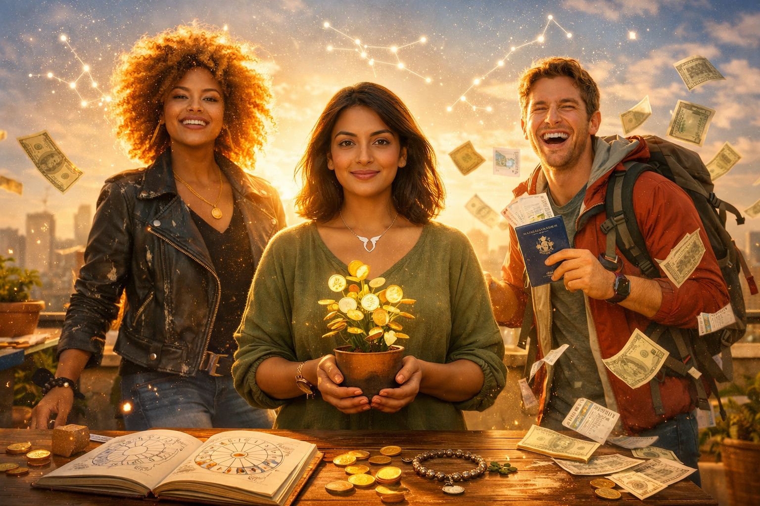 Grupo diverso de três jovens sorridentes com moedas, mapa astrológico e notas a flutuar ao pôr do sol.