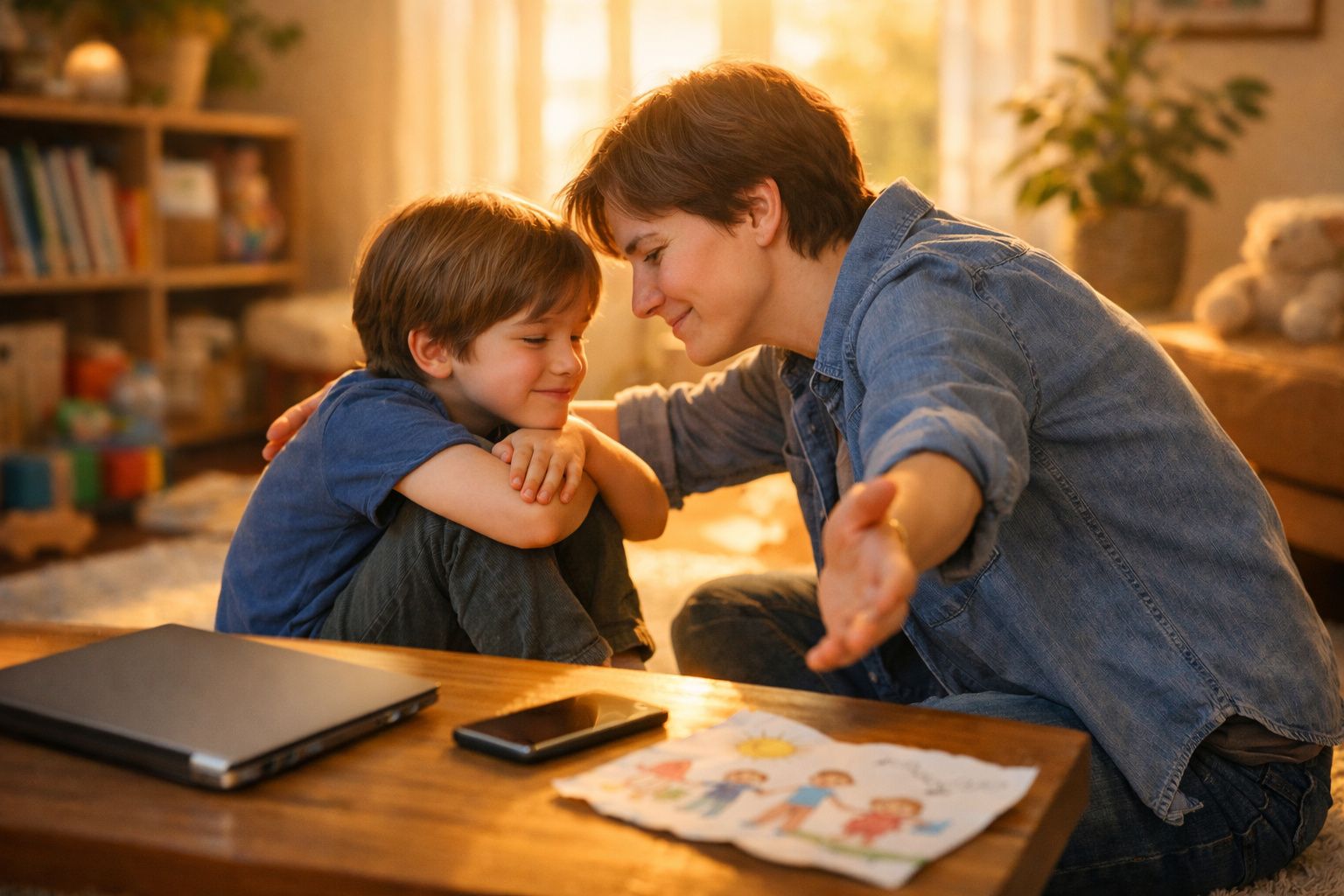 Mãe e filho a sorrirem sentados no chão, com desenho colorido sobre a mesa à frente, numa sala acolhedora.
