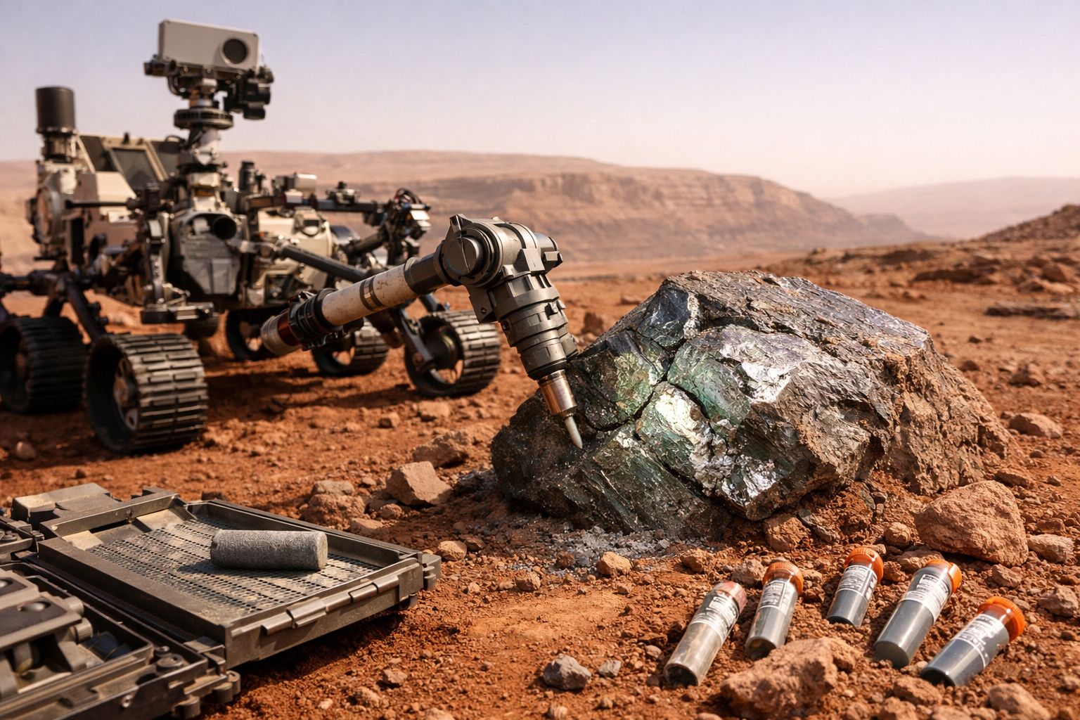 Rover a recolher amostra de rocha em terreno árido de cor avermelhada, com tubos de ensaio no chão.