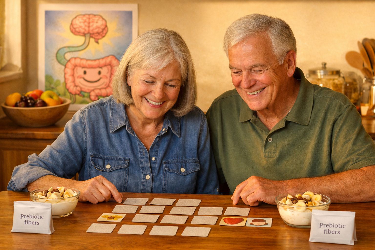 Casal sénior a jogar jogo da memória com cartas e bowls de frutas pré-bióticas numa cozinha acolhedora.
