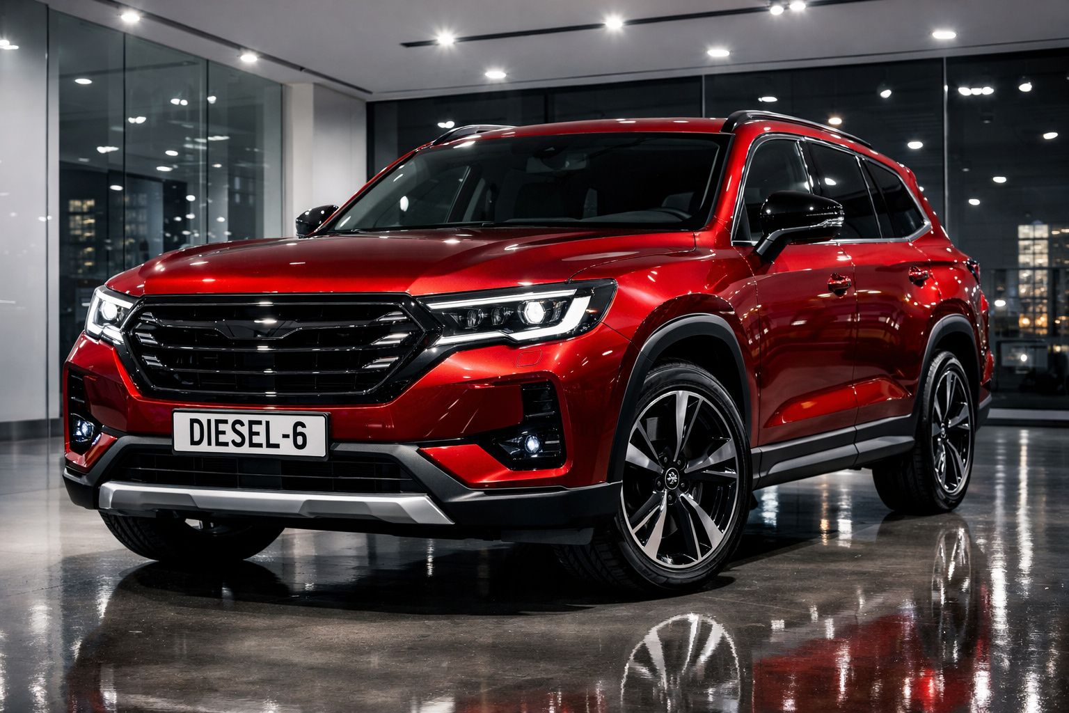 SUV vermelho brilhante estacionado em espaço interior moderno com luzes refletidas no piso.
