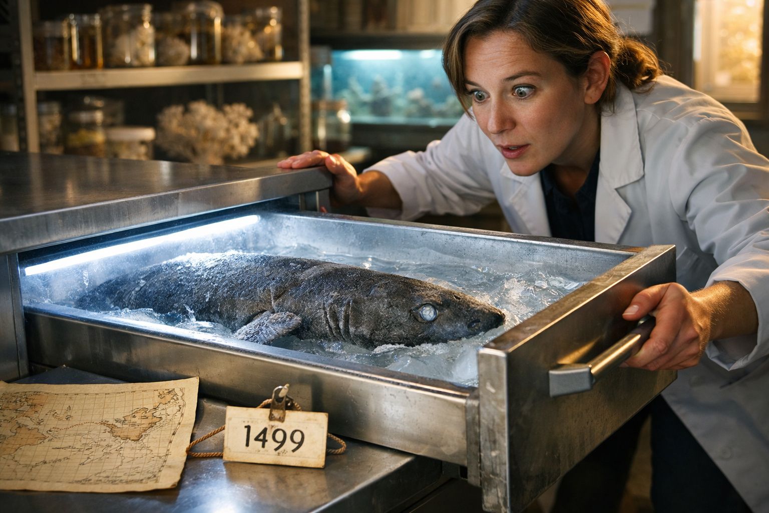 Cientista surpreendida observa tubarão preservado em gelo num laboratório, com placa datada de 1499.